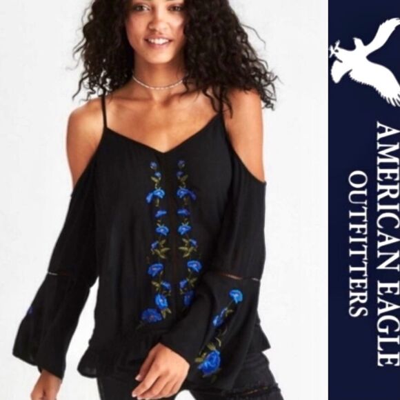 American Eagle Floral Embroidery Cold Shoulder Top - Picture 1 of 11
